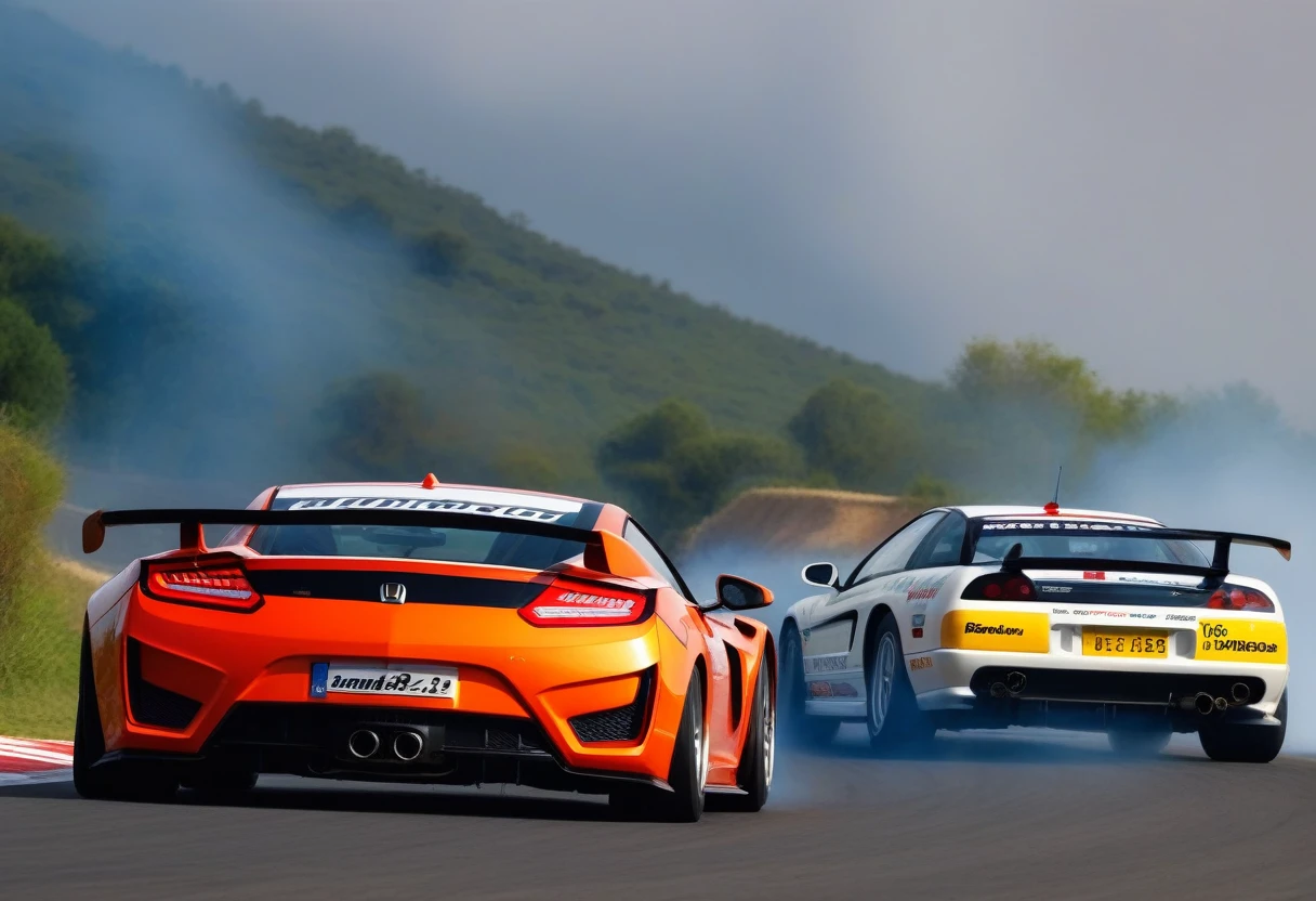 pintura de aceite, 2 coches honda NSX 1998 de carreras de deriva, carreras de deriva, 2 coches de deriva yendo uno al lado del otro, coches de deriva dando la vuelta a una esquina, they go quickly sideways, (Sobrevirar), a lot of white smoke from the rear tires, rear tires spinning in place, panoramic view (long curve and two carreras de deriva cars going side by side), 8k, pintura de aceite