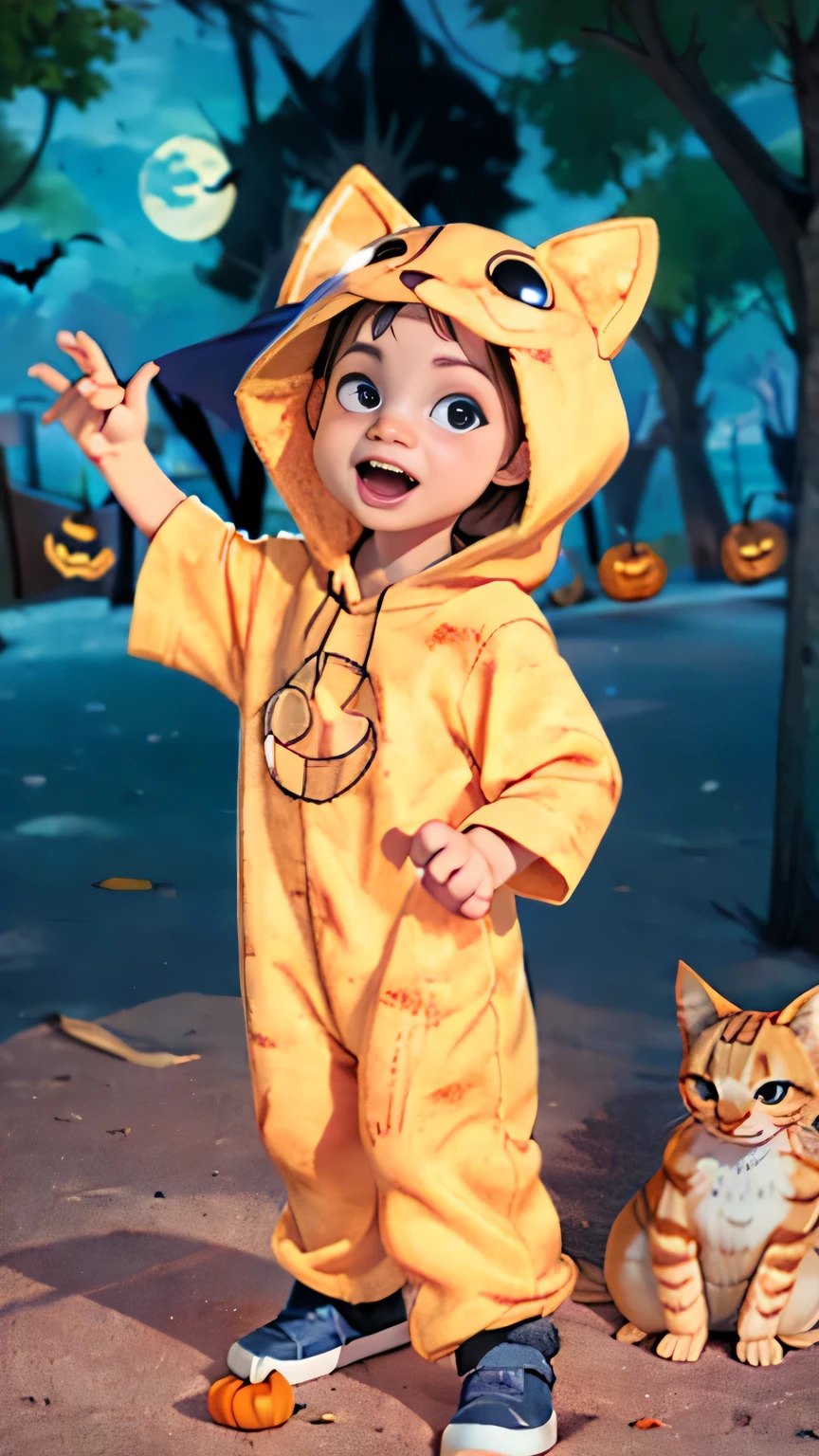 Cinematic Cartoon style. Comic art. TME0224 face, (((a , 4yo))) in funny Halloween night (((wearing a SaltedFishFox cat costume with))). (((Comic halloween background))). cinematic lighting, drop shadow, masterpiece, UHD, anatomically correct, textured skin, super detail, high details, high quality, best quality, 4K