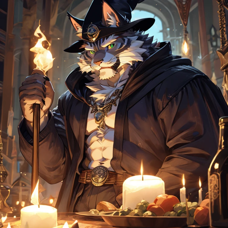 wizard, cat wizard, wizard hat, wizard cloak, cat with wand, wizard wand, cat with potion, potion belt, cat maine coon, cat breed, cat breed maine coon, male character, male kitty, male face, big strong cat wizard, full anthro body, anthro male, anthro caracter, anthro body, muscles, natural muscular body, anthro body focus, furry, male focus, full body focus, flex muscles focus, green magic, green light remix, green power