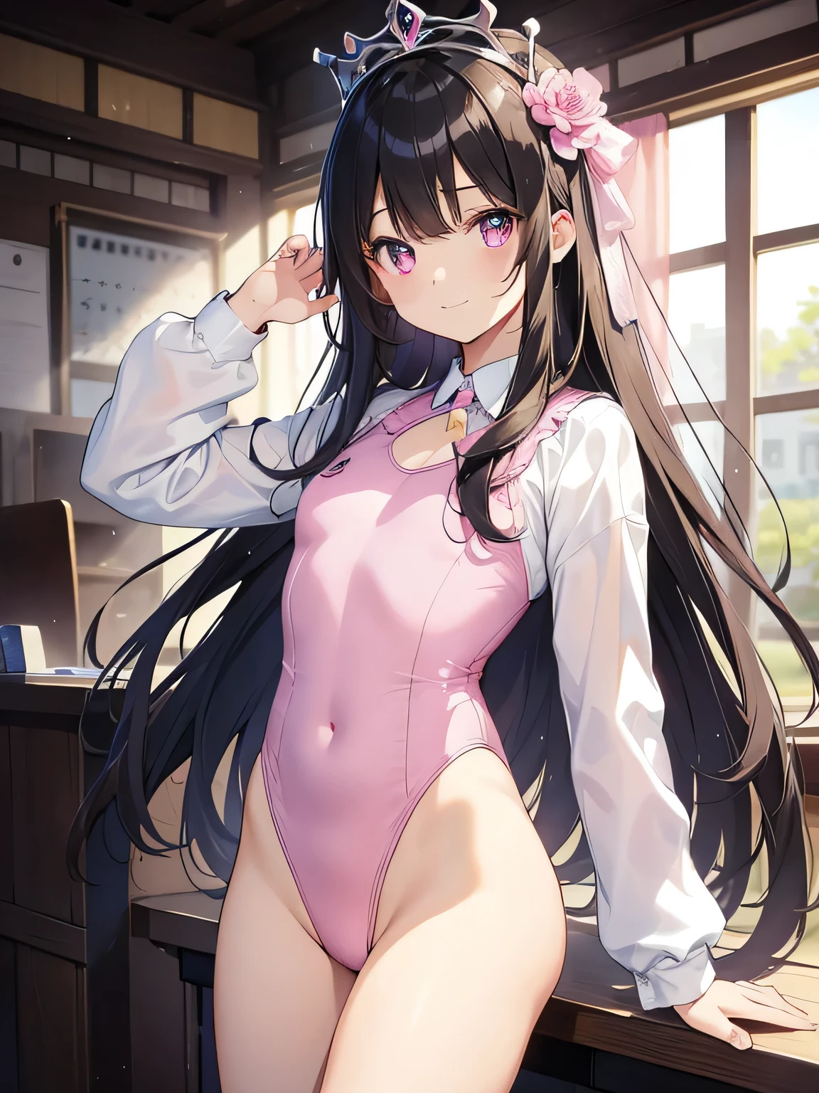 highest quality、Highest quality、Beautiful eyes、Very delicate and beautiful、Beautiful eyes、Pink Eyes、Soio、Soio、、Japanese、、Chiquita、Noble、Primary school students、Black Hair、barefoot、(Judo)、(((The lower body is in a pink leotard)))、(High leg)、Tiara on head、smile、Standing, facing forward、The background is a natural park