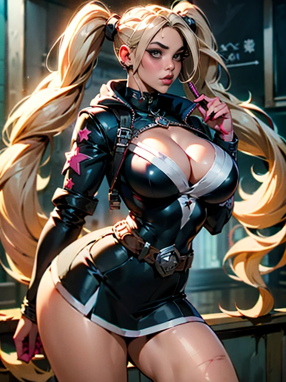 (((of the highest quality: 1.4))),(unparalleled masterpiece ever), (Ultra high definition),(Ultra-realistic 8K CG), offcial art、 (((adult body, accentuated super huge enormously gigantic , cleavage showing))), (((1girl in))), ((( very long hair in pigtails ))), Punk girl with a perfect body, school girl uniform school girl skirt and backpack with lots of straps buckles and zippers,Beautiful and well-groomed face,Fancy makeup,Detailed punk fashion,school girl uniform and school girl skirt, (Image from head to thigh),((Platinum blonde hair )), Harajuku-inspired hooded jacket, Simon Bisley's urban savage style,Detailed street background of school classroom,Clean abs, Complex graphics, dark pink with white stars and gray and white stripeany poisonous tattoos )), piercings,