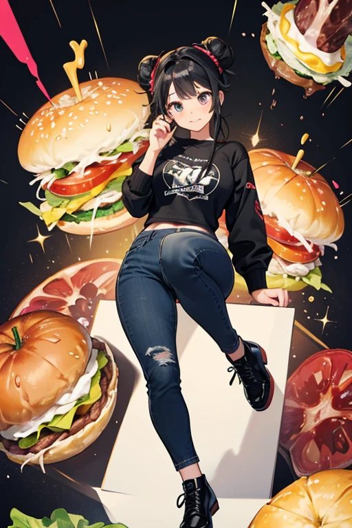 She has gigantic eyeballs with three eyelashes on top of her top bun, a ketchup smile, and the rest of the ingredients for a Krabby Patty: two buns, a meat patty, lettuce, tomatoes, onions, cheese, and pickles. She wears black jeans and black shoes. SPARKLE; GLITTER