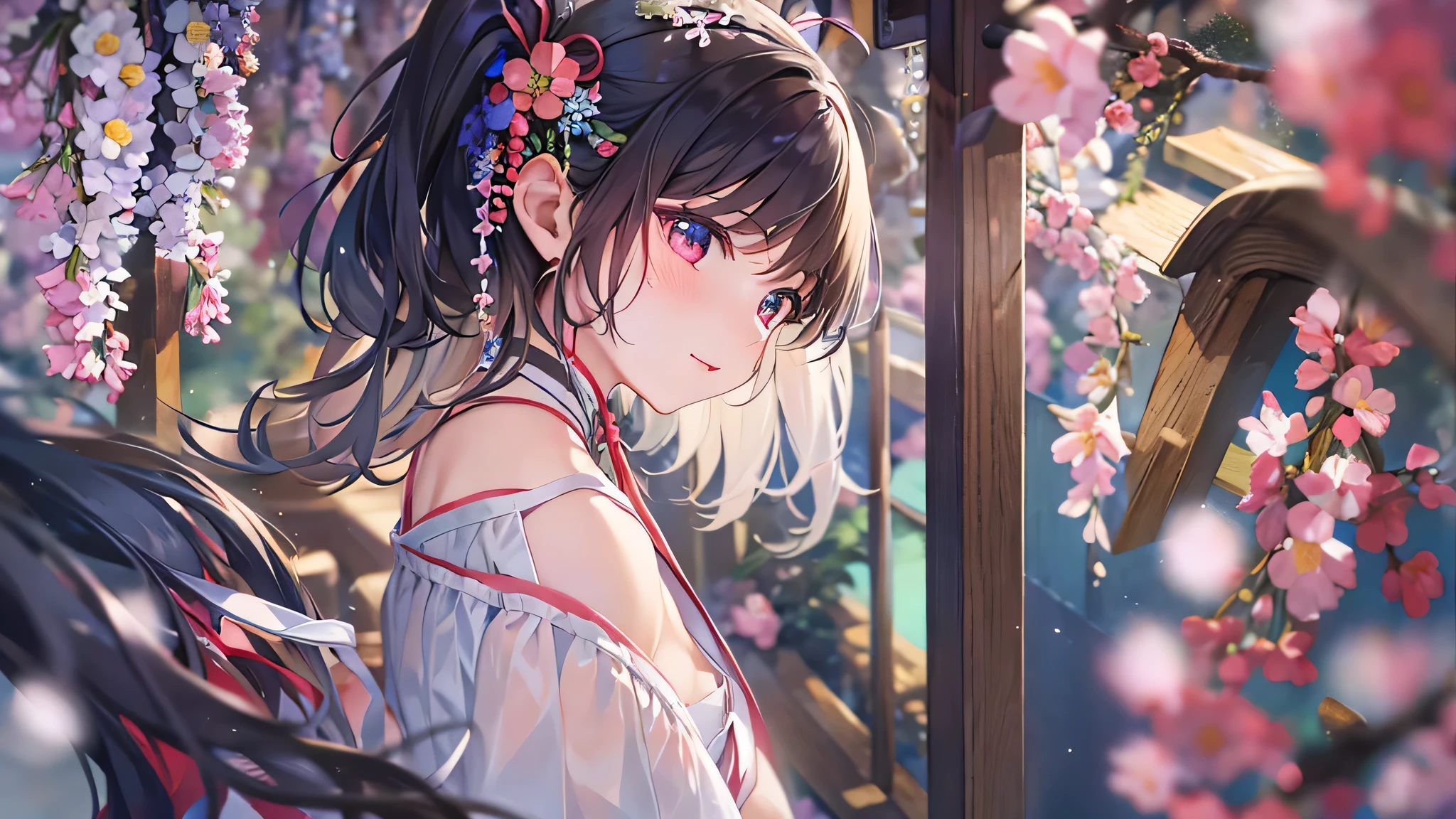 Normal of chest、masterpiece、Highly detailed CG integrated 8K wallpaper、Two girls and two boys、、beautiful、Genuine、Blurred、Blurred_background、Blurred_prospect、branch、plum offlower、depth_of_Field、flower、gem、nose、Realistic、blonde、alone、shrine maiden costume、Hide your fingers、Hide your arms、just wear a bra、Nipples are reflected、whole body、