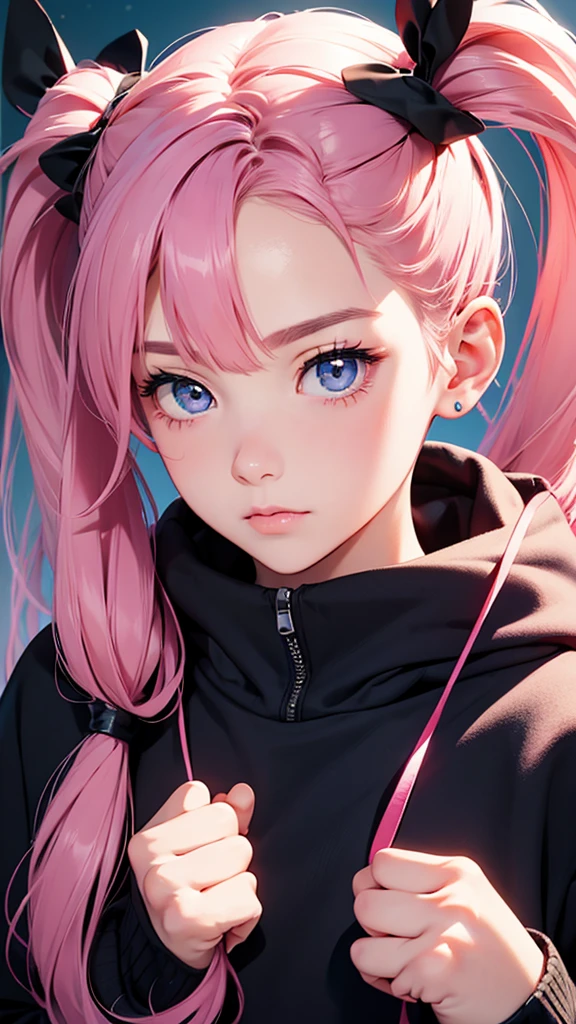 highest quality、Realistic、Women、zoom、look up、cute、Blue and red odd eyes、Pink Hair、Twin tails、Large black hoodie、Face close-up、slender