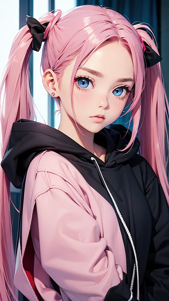 highest quality、Realistic、Women、zoom、look up、cute、Blue and red odd eyes、Pink Hair、Twin tails、Large black hoodie、Face close-up、slender