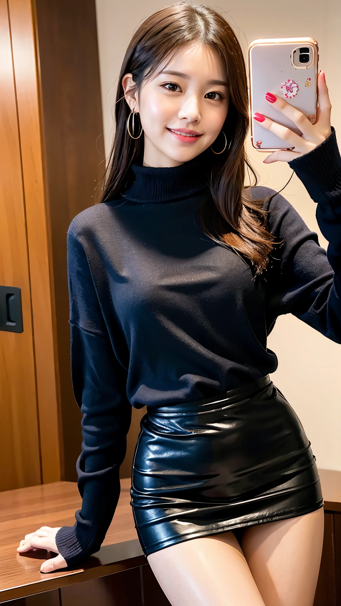 (8k), (highest quality: 1.2), (Realistic), (Realistic: 1.37), Ultra-high resolution, 1 girl, cute, Embarrassed expression,smile, Blushing,Mouth closed, Beautiful details, Beautiful Nose, whole body, Smooth black hair, Giant Dulcefo, pork, Thighs,Selfie,Leather miniskirt,Leather platform boots,Navy blue turtleneck knit,cute like an idol,gravure,濡れて光るThighsにクローズアップ,