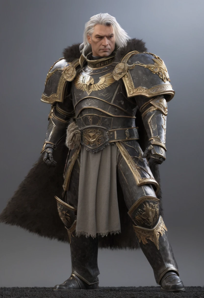 volumetric cinematic lighting, (highly detailed:1.4), smooth, sharp focus, full body 8k unity render, action shot, realistic reflections, cinematic composition, rogal, detailed armor, detailed face, gold details, closed fists,
intricate ornamented, full armor, cape details,
white hair, chiseled face, grey eyes, skin pores, rugged, shiny armor, serious face, looking over the horizon, looking over a ledge, glorious gothic castle background. futuristic and gothic architecture.
 