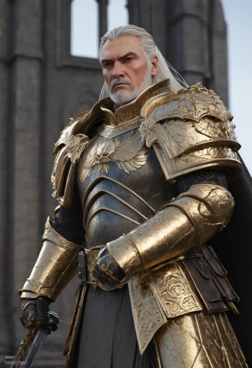 volumetric cinematic lighting, (highly detailed:1.4), smooth, sharp focus, full body 8k unity render, action shot, realistic reflections, cinematic composition, rogal, detailed armor, detailed face, gold details, closed fists,
intricate ornamented, full armor, cape details,
white hair, chiseled face, grey eyes, skin pores, rugged, shiny armor, serious face, looking over the horizon, looking over a ledge, glorious gothic castle background. futuristic and gothic architecture.
 