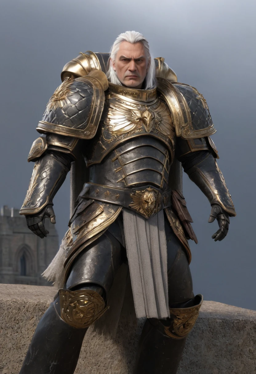 volumetric cinematic lighting, (highly detailed:1.4), smooth, sharp focus, full body 8k unity render, action shot, realistic reflections, cinematic composition, rogal, detailed armor, detailed face, gold details, closed fists,
intricate ornamented, full armor, cape details,
white hair, chiseled face, grey eyes, skin pores, rugged, shiny armor, serious face, looking over the horizon, looking over a ledge, glorious gothic castle background. futuristic and gothic architecture.
 