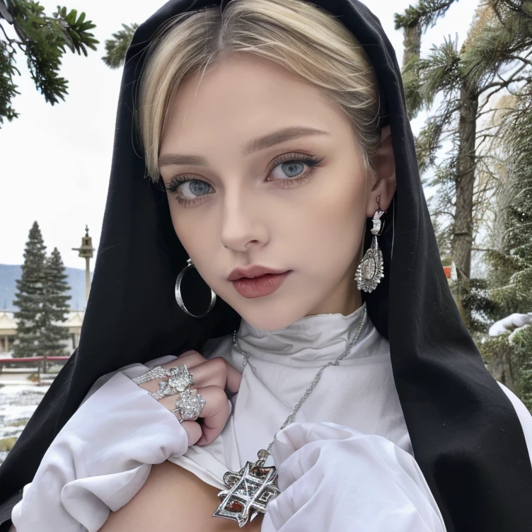 1 miniature Beautiful beautiful woman - Yuan Sayuki, ((top quality, 8K, Masterpiece:1.retty woman, 1 woman, huge breasts:1.3, a slim body:1.1, lush white short hair, (shower, wet body, wet clothes:1.1), very detailed face, detailed lips, detailed eyes, double eyelids, Detailed blue eyes, чрезвычайно Detailed Outstanding Blue Eyes, short white wet hair, white wet hair, Detailed Outstanding Blue Eyes, innocent look at the viewer, ,very wet wavy white hair, Detailed Outstanding Blue Eyes, huge cross earrings, Outdoors, badges behind, gothic wedding uniform, sexy gothic style wedding dress with veil, bare chest, huge chest tattoo wearing a wreath, detailed huge catholic cross earrings, chest tattoo, Outside - there are trees and a buddhist temple in the background (mountain vicinity), wear a silver cross (Detailed cross shape), reality mode, wet breasts, black necklace, black wedding dress and black veil, human crowd behind, head/forehead chain veil, black latex gloves, naked breasts, naked breasts, naked nipples, hair of white snowy colour, night time, red neon lights, demonic nun, nimbus (golden lighting ring above her head), angel, snowy weather, detailed and flawless buddhist temple behind