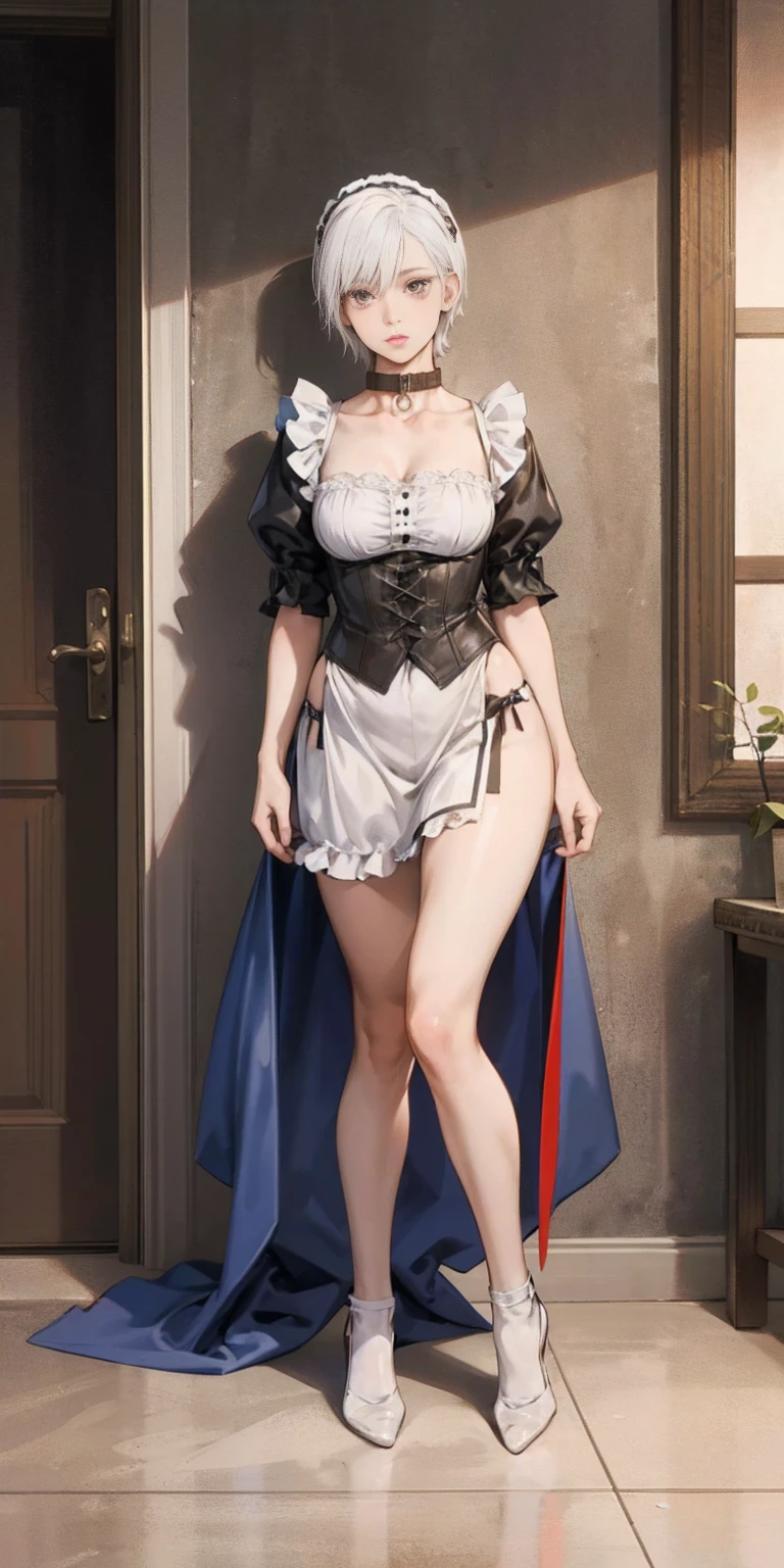 female white hair, short hair, pinched eyes, thin legs, thin body, leather collar slave figther, maid outfit victorian, full body kneeling, view from below, wide hips, feet together