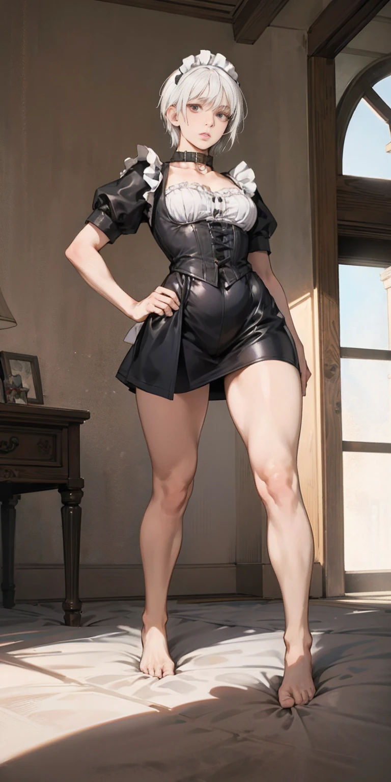 White hair , short hair, pinched eyes, (big-:1.5), Thin legs, thin body, leather collar, Maid outfit victorian, dynamic pose, full body, view from below, wide hips, kneel on the sheet in bed