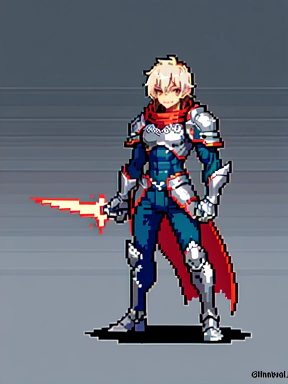 (masterpiece, top quality, best quality), pixel,pixel art,1man,silver armor,red cape,armored,goblin slayer,full body, 
 