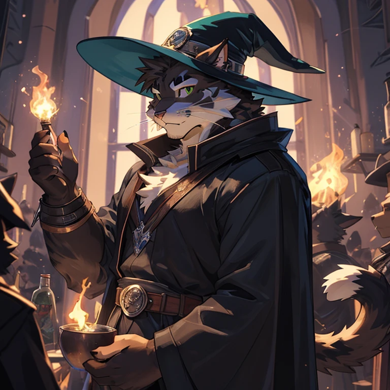 wizard, cat wizard, wizard hat, wizard cloak, green magic, green light remix, green power, green lights focus, green shading, green flame, cat with wand, wizard wand, cat with potion, potion belt, cat maine coon, cat breed, cat breed maine coon, male character, male kitty, male face, big strong cat wizard, full anthro body, anthro male, anthro caracter, anthro body, muscles, natural muscular body, anthro body focus, furry, male focus, full body focus, flex muscles focus