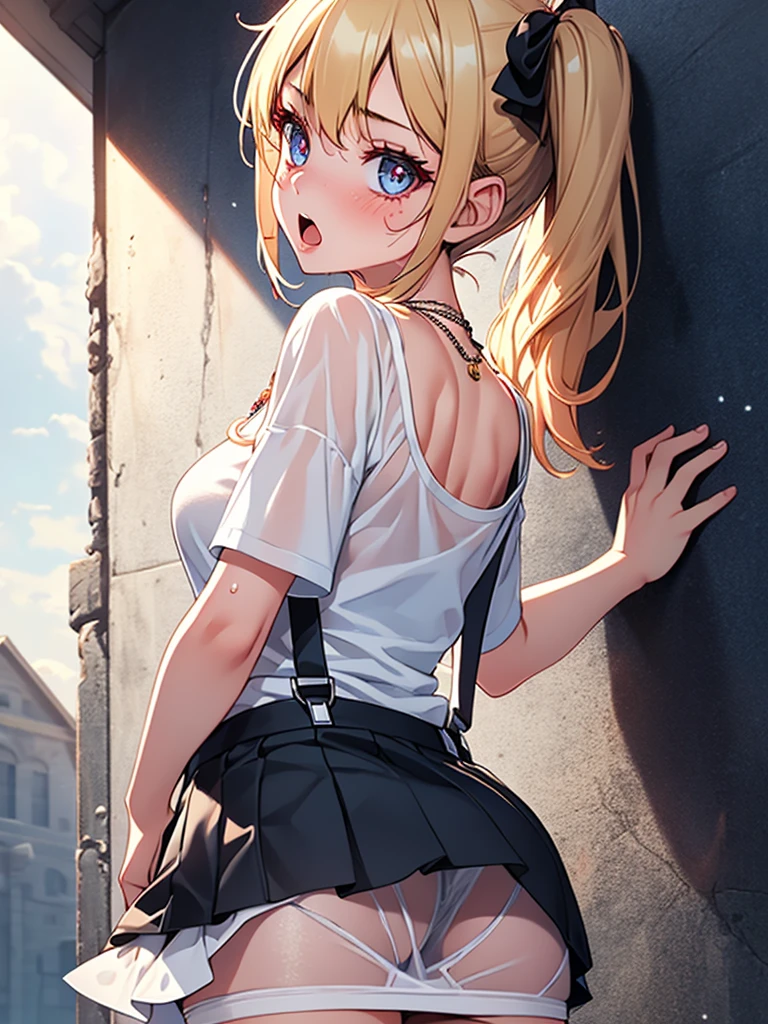 (highest quality, High resolution, perfect pixel, Depth of bounds written, 4K), detailed eyes, (1 girl), (from behind:2.0), (from below:1.2), (panty shot), perfect body, medium breasts, blond hair, (side ponytail), white t-shirt, see through, (black suspender skirt), waist, necklace, (standing), (leaning forward), (top-down bottom-up), (touch the wall), blush, surprised, open mouth, wet,