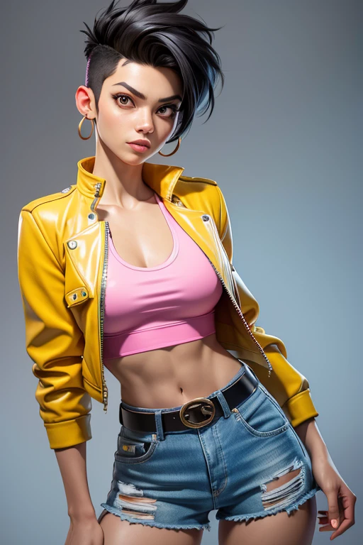 jubi lee x-men, yellow leather jacket, punk black hair (very short on the sides), open long yellow leather jacket!, big light brown eyes, small breasts, pink earrings, belt, cotton pink tank top, light blue low-waist denim shorts, covered navel, cropped legs, cotton, front view!, white background, realistic colors, front view, light coming from the right, 8K image quality, Masterpiece