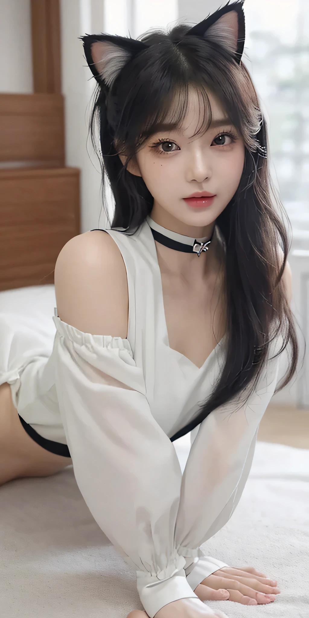 (Best quality, masterpiece: 1.3), 1 girl, Super cute Korean girl、cute like an idol、Heavy makeup、Cat ears hairstyle、Blushed cheeks、Koetsu、Watery eyes、Goody two shoes、Looking up、(Cat Paw Pose:1.5)、On all fours、(Open your mouth wide:1.6)Off-the-shoulder shirt、She wears a large ribbon choker that ties at the back.、False eyelashes、gloss skin、Upper Body、Inside the room、White interior、gloss々Lips、Shocking Pink Lips