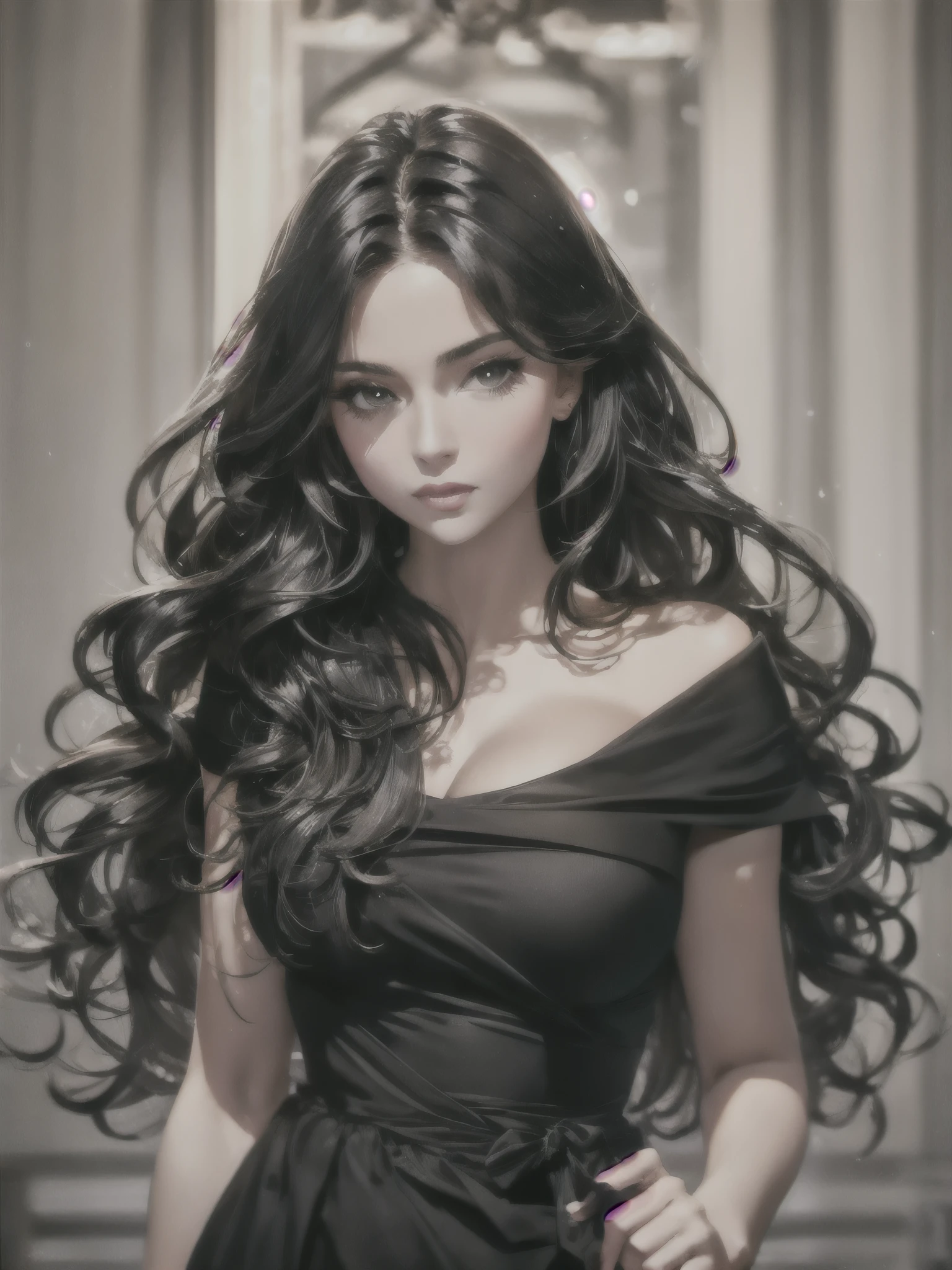(best quality,realistic),black,luxurious,wavy hair flowing elegantly down her shoulders,gently framing her face with a captivating charm