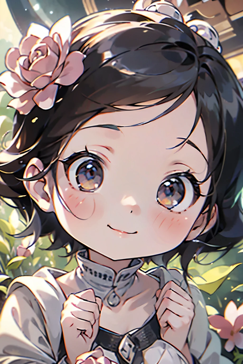 1Chibi girl smelling the scent of a rose flowers 、Jewel-like eyes、Take a super close-up shot of lips、smile