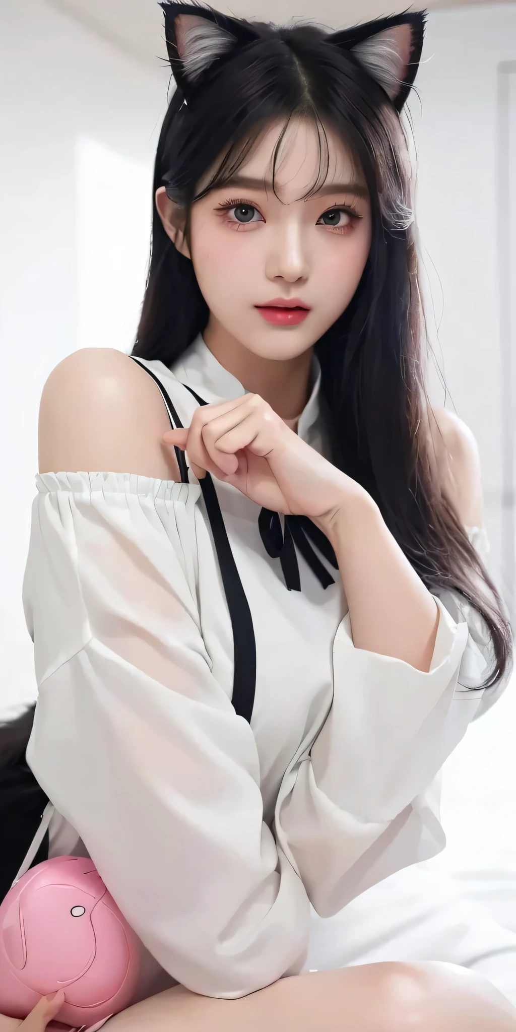 (Best quality, masterpiece: 1.3), 1 girl, Super cute Korean girl、cute like an idol、Heavy makeup、Cat ears hairstyle、Blushed cheeks、Koetsu、Watery eyes、Goody two shoes、Looking up、（Cat Paw Pose:1.5）、On all fours、（Open your mouth wide:1.6）Off-the-shoulder shirt、She wears a large ribbon choker that ties at the back.、False eyelashes、gloss skin、Upper Body、Inside the room、White interior、gloss々Lips、Shocking Pink Lips