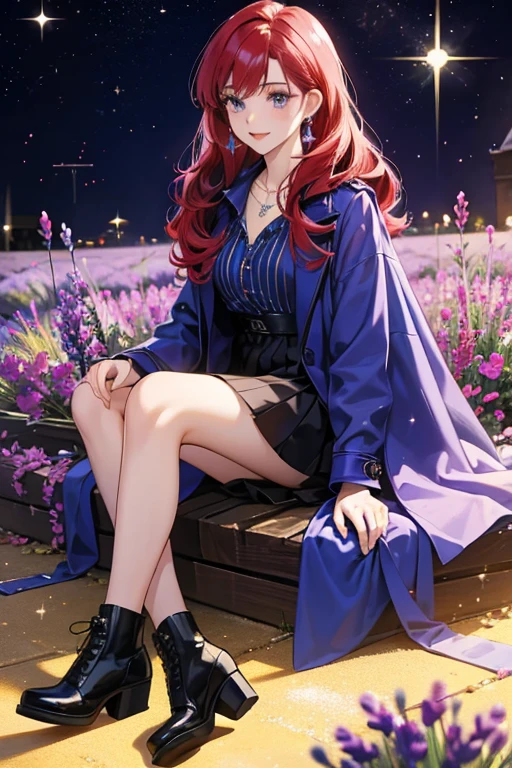 She is a cherry red-haired lavender who wears a blue coat, black shoes, a yellow earring, and a blue necklace. SPARKLE; GLITTER
