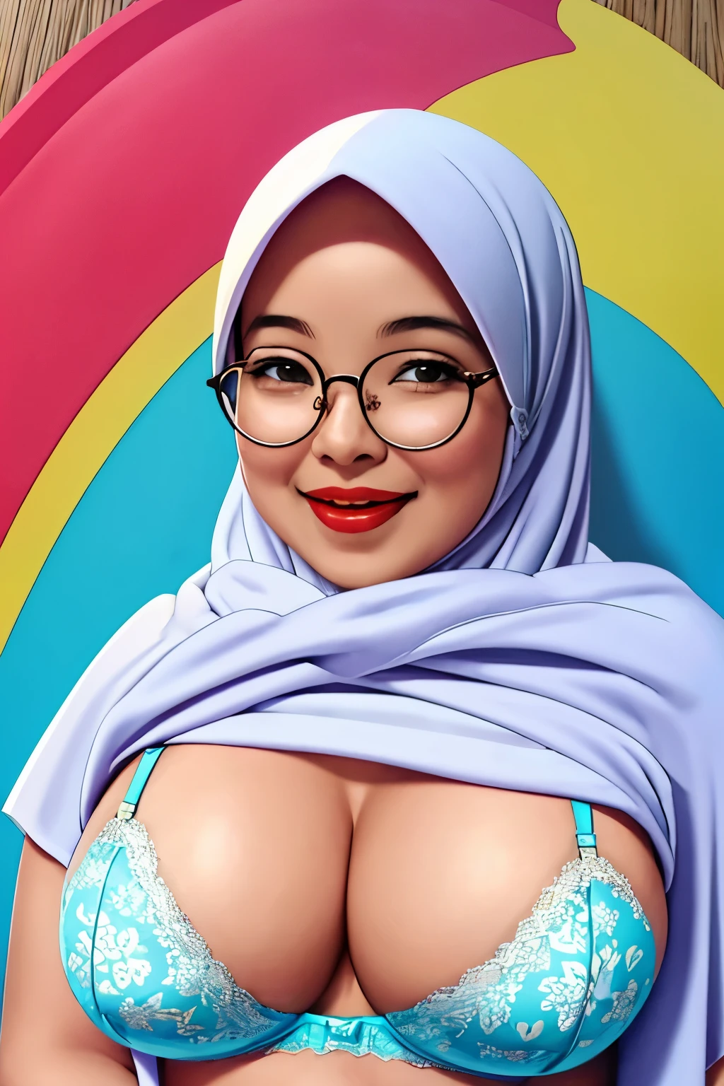 ((WEARING LINGERIE BRA)), Spectacles, Coats, Shiny Breasts, ((Hijab)), ((62 years old)), "Plumpers", ("white Hijab Floral pattern Naked"), "G-String & Thong", "Oki Setiana Dewi", ("Rainbow Hijab Floral pattern Naked"), Chubby Wearing Lace Bra & Short Hairy Pussy, "Facial expression in Happy Smile", "Rainbow", "Red Lips", "Bokeh", "Very Happy facial reaction", (Heavy Huge Breasts Tits), Background of beach bali, fat chubby, ((HEAVY NIPPLES)),