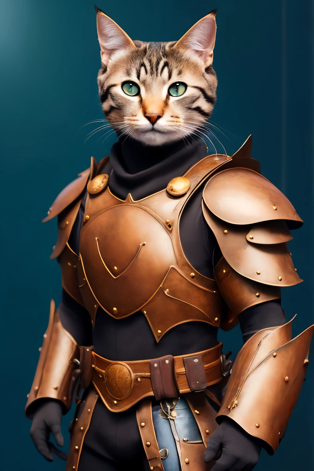 Catman, half man half cat, humanoid cat, wearing heavy armor, orange cat, battlefield background