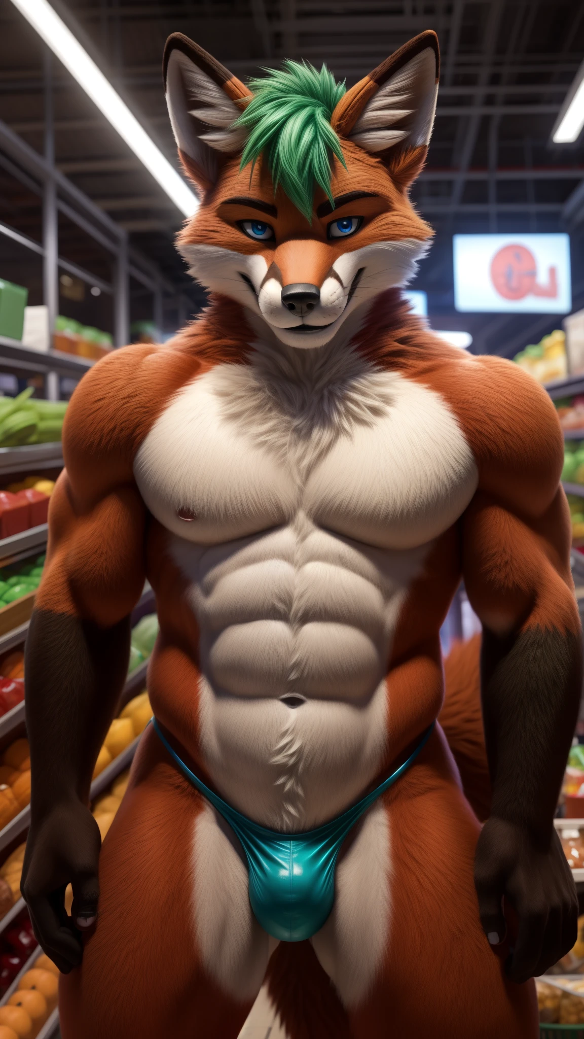 An adult muscular male Fox fursuit alone in the market an extremely naughty and perverted employee looking at the viewer with a sensual smile looks like he really wants to have sex a very provocative pose red fur and blue eyes green hair wearing a very provocative and tight thong