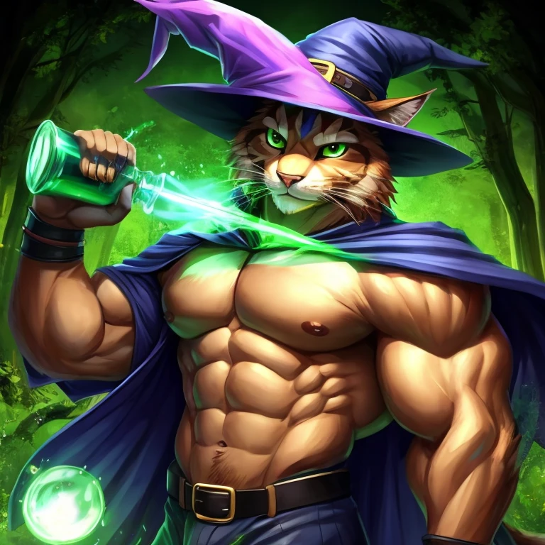 wizard, cat wizard, wizard hat, wizard cloak, cat with wand, wizard wand, cat with potion, potion belt, cat maine coon, cat breed, cat breed maine coon, male character, male kitty, male face, big strong cat wizard, full anthro body, anthro male, anthro caracter, anthro body, muscles, natural muscular body, anthro body focus, furry, male focus, full body focus, flex muscles focus