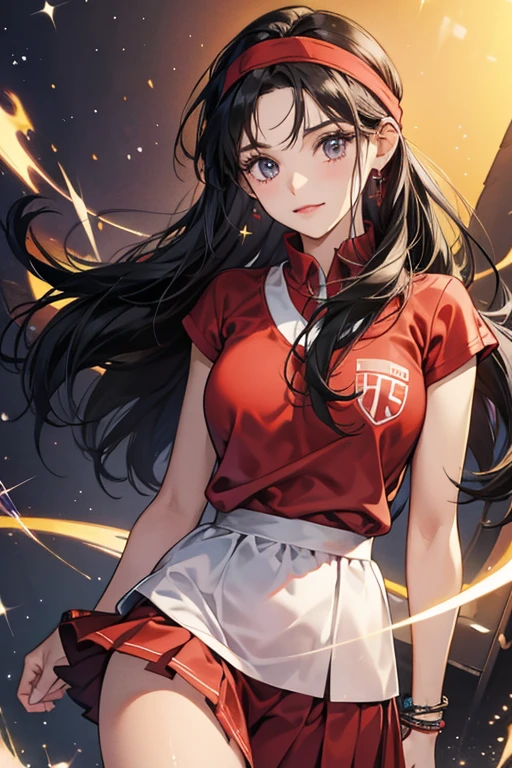 She is a tan with black hair, who wears a red shirt, a purple skirt, and a gray headband. SPARKLE; GLITTER