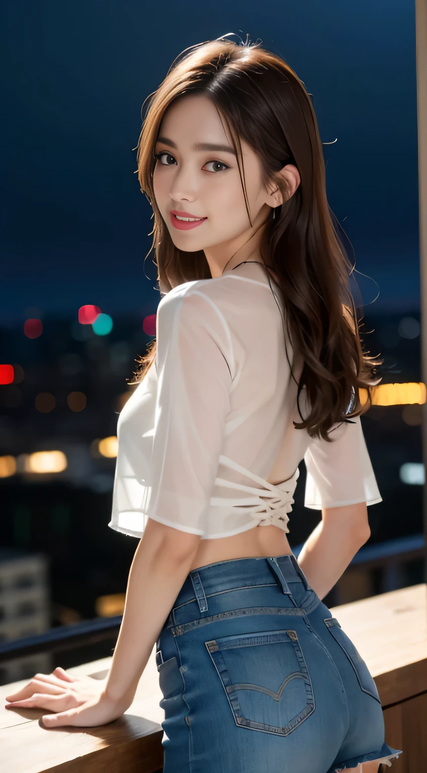8k, masterpiece, RAW Photos, highest quality, Realistic, Highly detailed CG unity 8k wallpaper, Depth of written boundary, Cinematic Light, Lens flare, Ray Tracing, (Very beautiful face, Beautiful Lips, Beautiful Eyes), Intricately detailed face, ((Highly detailed skin)) One girl, In the Dark, Deep Shadow, Cute Asian Girl, 1 girl, (Very slim slender fit-muscled body:1.3), ((View your viewers)),(Big smile:1.3), (Tight mini skirt), (Blue Jean Skirt), (Midnight, Dark Night, (Neon Signs), (blurred background), Dim Light), (No people in the background:1.3), Beautiful earrings, bracelet, necklace,Clear Eyes, walking , Front shot, (Pale skin), (Big eyes), Look forward, (full body shot), ((See-through shirt)), (light brown long hair), (Lace-up shirt), (White blouse), (View your viewers:1.3) Very slim, Medium chest, (Camel Toe), thin thighs, Turn back