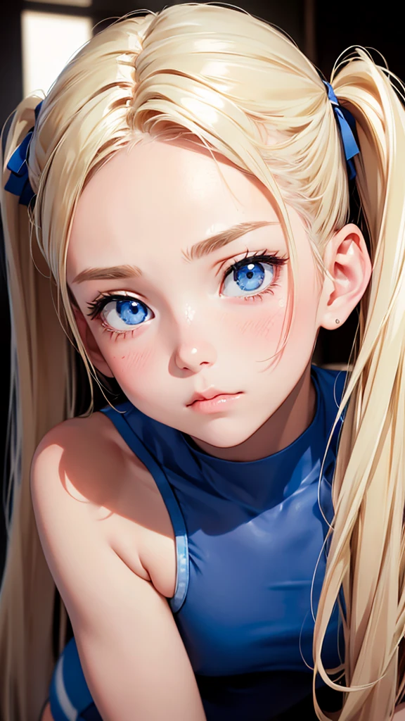 highest quality、Realistic、Women、zoom、look up、cute、Blue Eyes、Blonde Hair、Twin tails、Blue leotard、gym、Gymnast、Sweat、Face close-up、slender