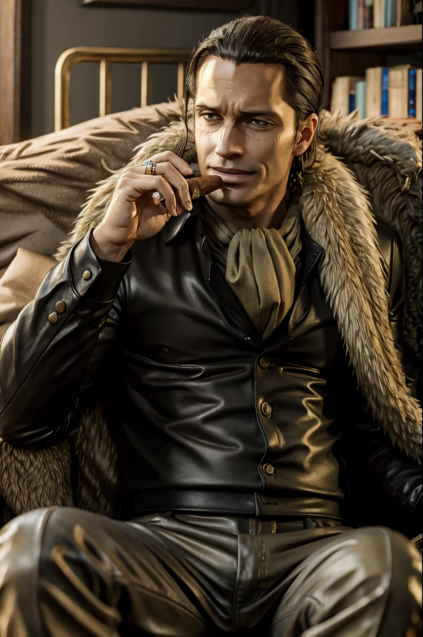 masterpiece, best quality, extremely detailed, hyperrealistic, photorealistic, a cool 40s man, ultra detailed face:1.2, fur-trimmed coat, scarf around the neck, his left hand is a golden pirate hook:1.1, in ultra detailed living room, sitting on big sofa, cigar, sly smile, relaxed
