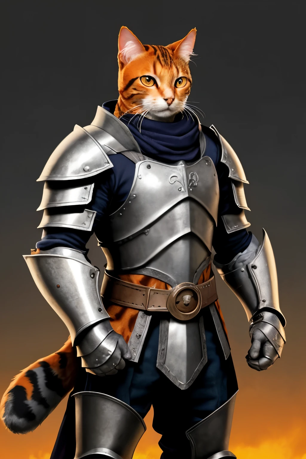Catman, half man half cat, humanoid cat, wearing heavy armor, orange cat, battlefield background