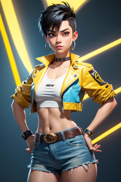 jubi lee x-men,  yellow jacket, yellow leather jacket,  punk black hair (very short on the sides), open long yellow leather jacket!, big light brown eyes, small breasts, pink earrings, belt, cotton pink tank top, light blue low-waist denim shorts, covered navel, cropped legs, cotton, front view!, white background, realistic colors, front view, light coming from the right, 8K image quality, Masterpiece