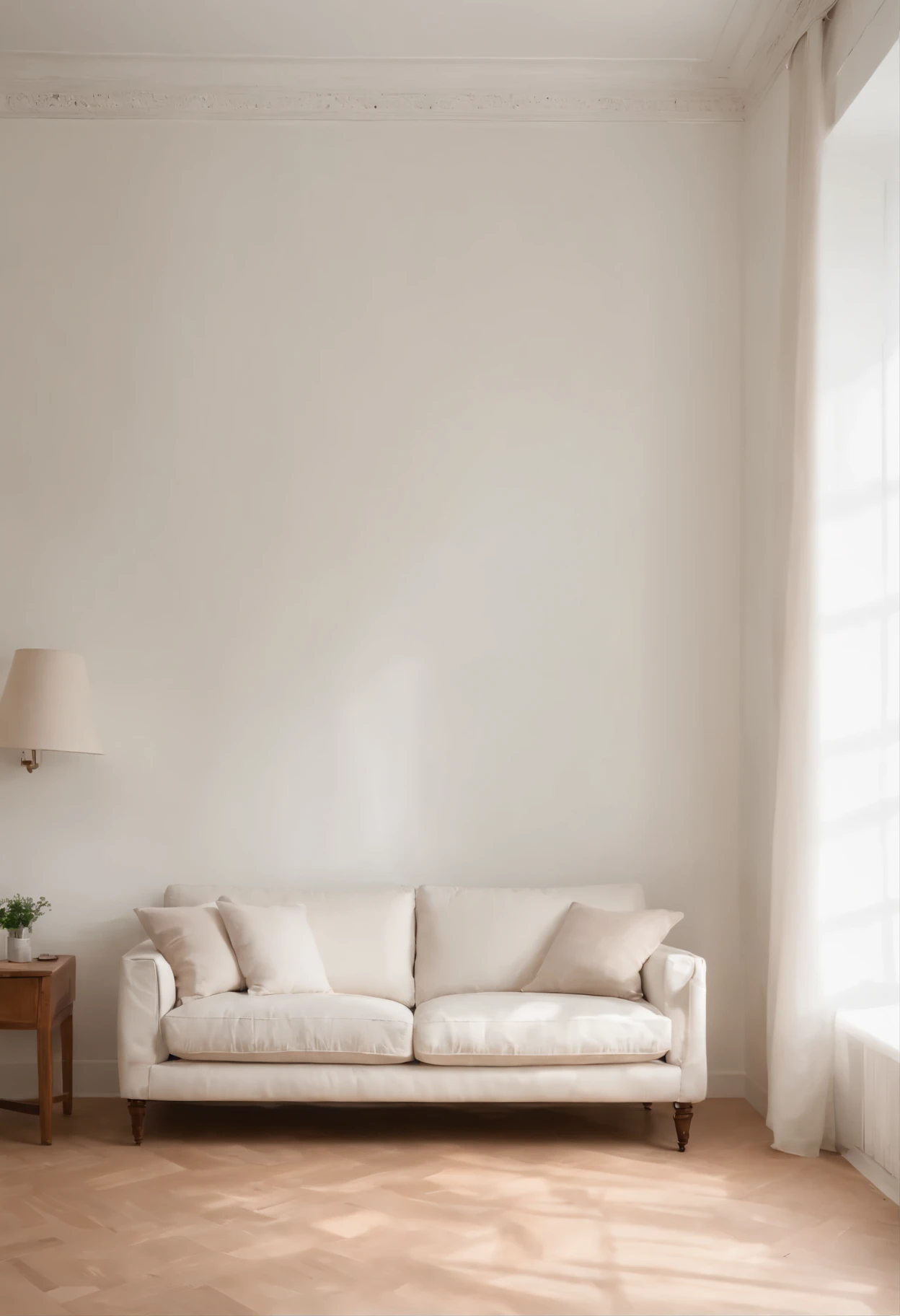 There is a room with a sofa and a lamp, minimalistic and beautiful, Cream and white color scheme, White wall, wood grain floor,Sascha Schneider, Cozy atmosphere, johanna martine, In calm shadeostly white, neo classic style, Calm and peaceful style, Bright room, smooth white surroundings, Natural light in the room, white ceiling, White Room,There are paintings on the walls,Real,Realスティック