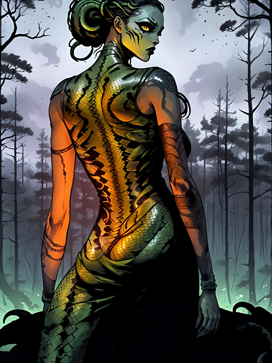 Medusa, splash page decompressed comic cover art, ink style figure, candid, snake skin dress, ((art style expressive Joelle Jones and "Sean Gordon Murphy" comic drawing)), cinematic poster double exposure, optical illusion, image within image, abyss void black no visibility darkness, full body portrait, (background, pine barrens, entropy, rewilding, magic hour sunset with galaxy stars, cosmos), (horror, abstract, surreal, body, cosmic), body drawn in Frederic Delavier musculature anatomical illustration art style, (face, ornate black metal corpse paint, resembles Grace Jones), (body, Naga, snakefolk, lower body snake tail, snake woman hybrid, bald, hairless, skeleton, snake skin tattoos, piercing eyes, snake pupils, over the shoulder), (colors, merge bleak muted deep fiery radiant glowing ROYGBIV, forest green to earth brown), craftsmanship nuance, (art style Gerardo Zaffino charcoal), subliminal orchids, nyctophobia, (wordless, single image), silhouette