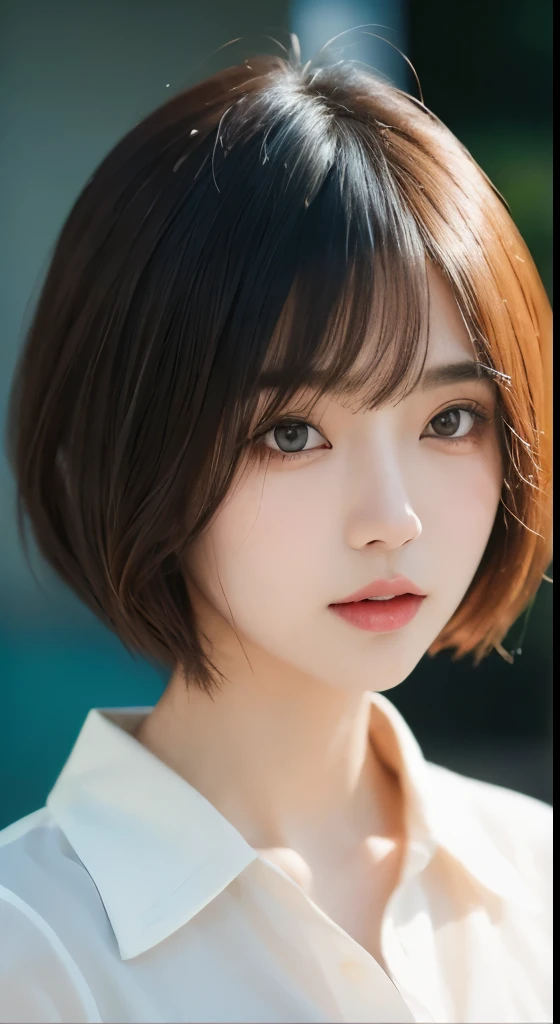 highest quality, masterpiece, 1 Girl Solo, Japanese female model , Unique hair details, Colorful semi-transparent mid-length blouse, Fine grain, double eyelid, Short Bob Hair, Analogue photography, 85mm F/1.8 YSM