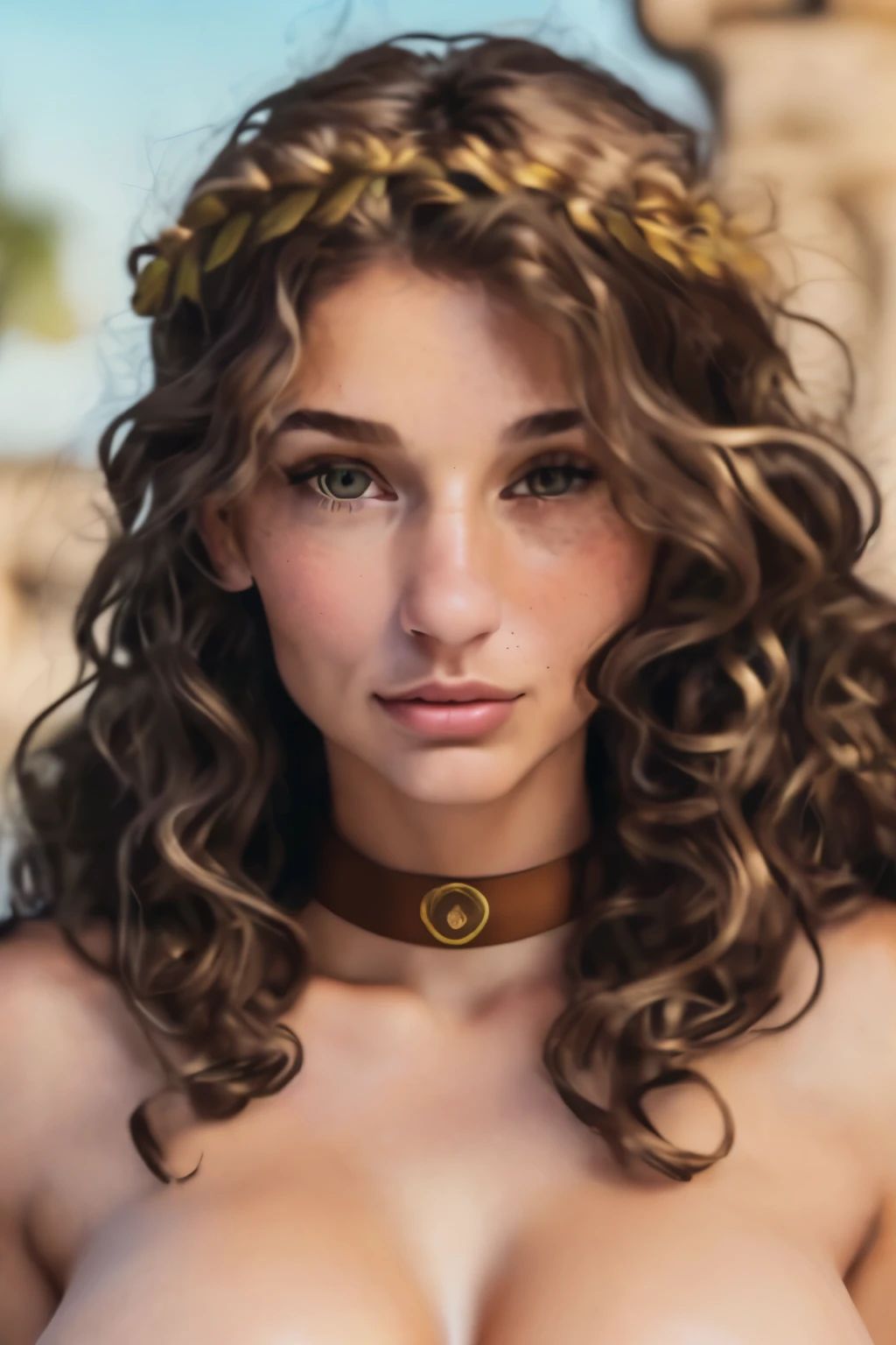 Gorgeous woman from ancient roman empire. Hazel eyes, large full lips, small nose, thick curl hair, full cheek bones. Large breasts. Has a brown collar around her neck