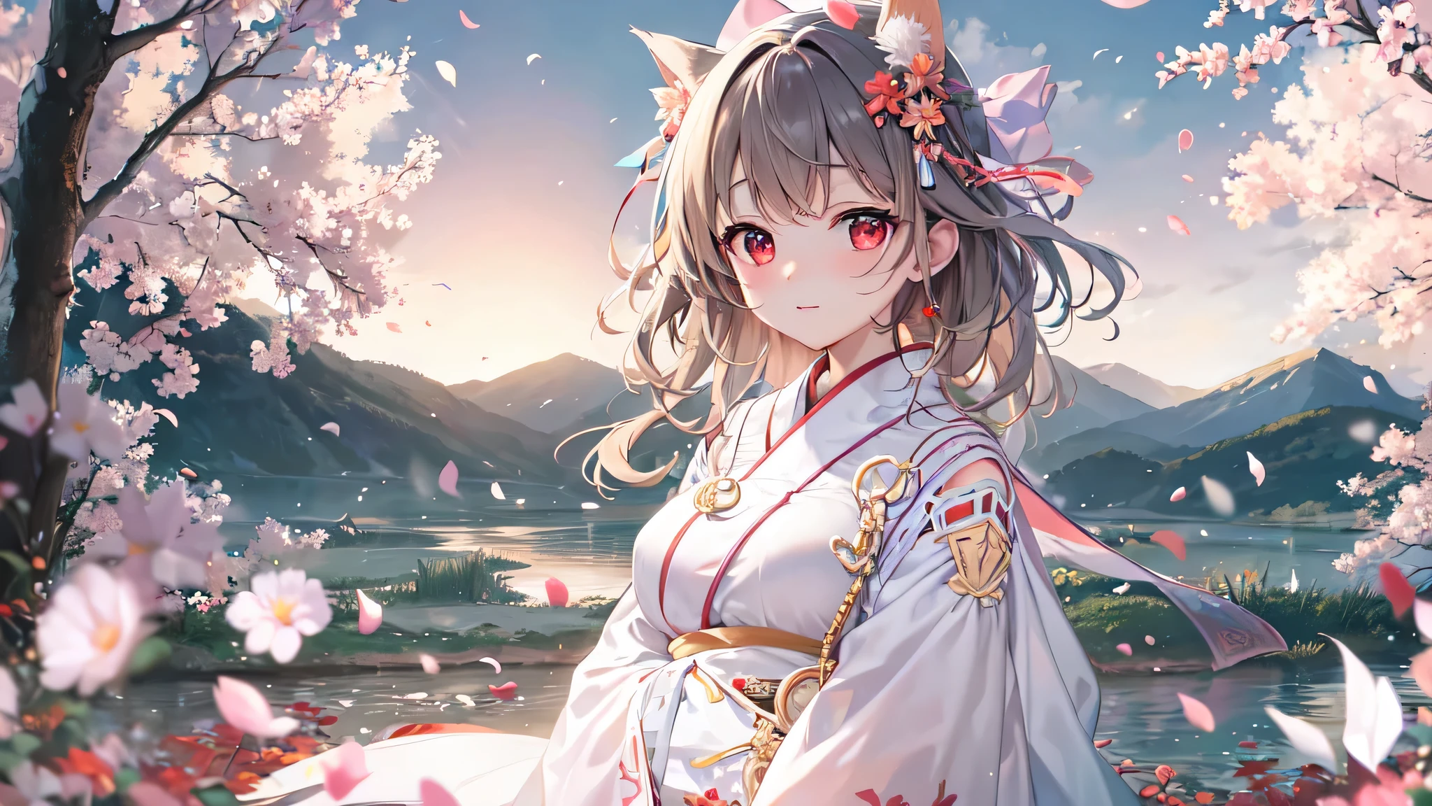 Normal of chest、masterpiece、Highly detailed CG integrated 8K wallpaper、Two girls and two boys、Baby Face、beautiful、Genuine、Blurred、Blurred_background、Blurred_prospect、branch、plum offlower、depth_of_Field、flower、gem、nose、Realistic、light yellow hair、Glowing red eyes、alone、shrine maiden costume、Hide your fingers、Hide your arms、just wear a bra、Nipples are reflected、whole body、
