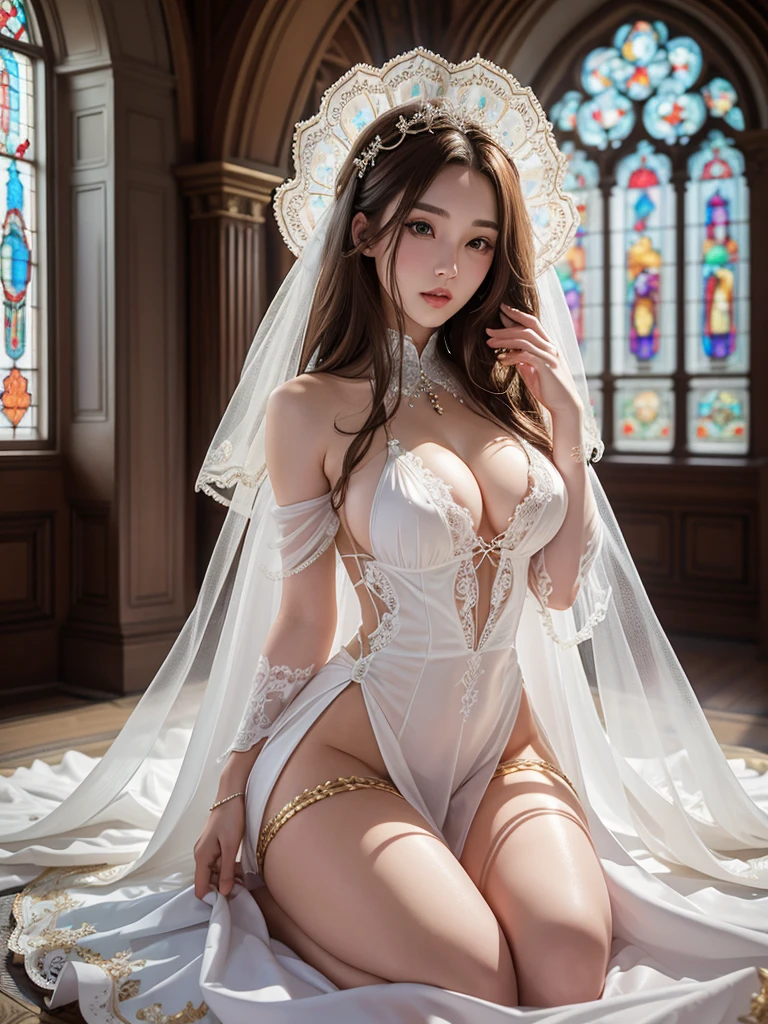 (closed:1.3)(highest quality, 8K,32k,masterpiece, UHD:1.2),Highly detailed CG Unity 8k wallpaper,Intricate details,Raw photo,(Realistic:1.4),atmosphere,Ultra-high resolution,Genuine,Huge_file size,Incredibly absurd,Ultra Illustration,(Very detailed),Dramatic lighting,different colors,Written boundary depth,art:Krenz Kushart,Photographed with Canon EOS,SIGMA art lens 35mm F1.4,ISO200 Shutter speed 2000, break, 1 girl,24-year-old Japan beauty,(Gradient brown hair,Shiny Hair,Medium Hair,Randomly arranged hair:1.2),light makeup,Red lipstick,double eyelid,Beautiful Eyes,Beautiful Eyes,Soft white skin that shines in every detail,Pale skin,Golden Ratio Face,Very well-shaped face,Detailed information,Lips Detail,Glossy, beautiful lips,Glossy lips,low neckline,break,8Head to Body,Perfect figure,Beautiful bell-shaped breasts,C cup breasts,Long legs,Big Ass,(つま先までのfull body shot, full body shot:1.3),(Wedding dress,mysterious,Fantasy:1.2),church,Stained glass,Nobody is here,