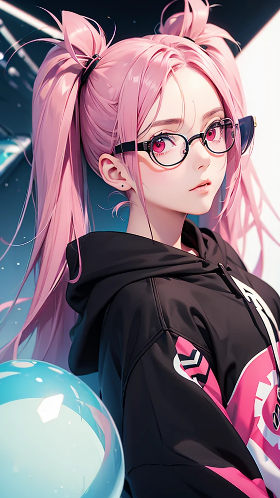 highest quality、Realistic、Women、zoom、look up、cute、Red eyes、Blue Glasses、Pink Hair、Twin tails、Large black hoodie、Inflating bubble gum、Face close-up、slender
