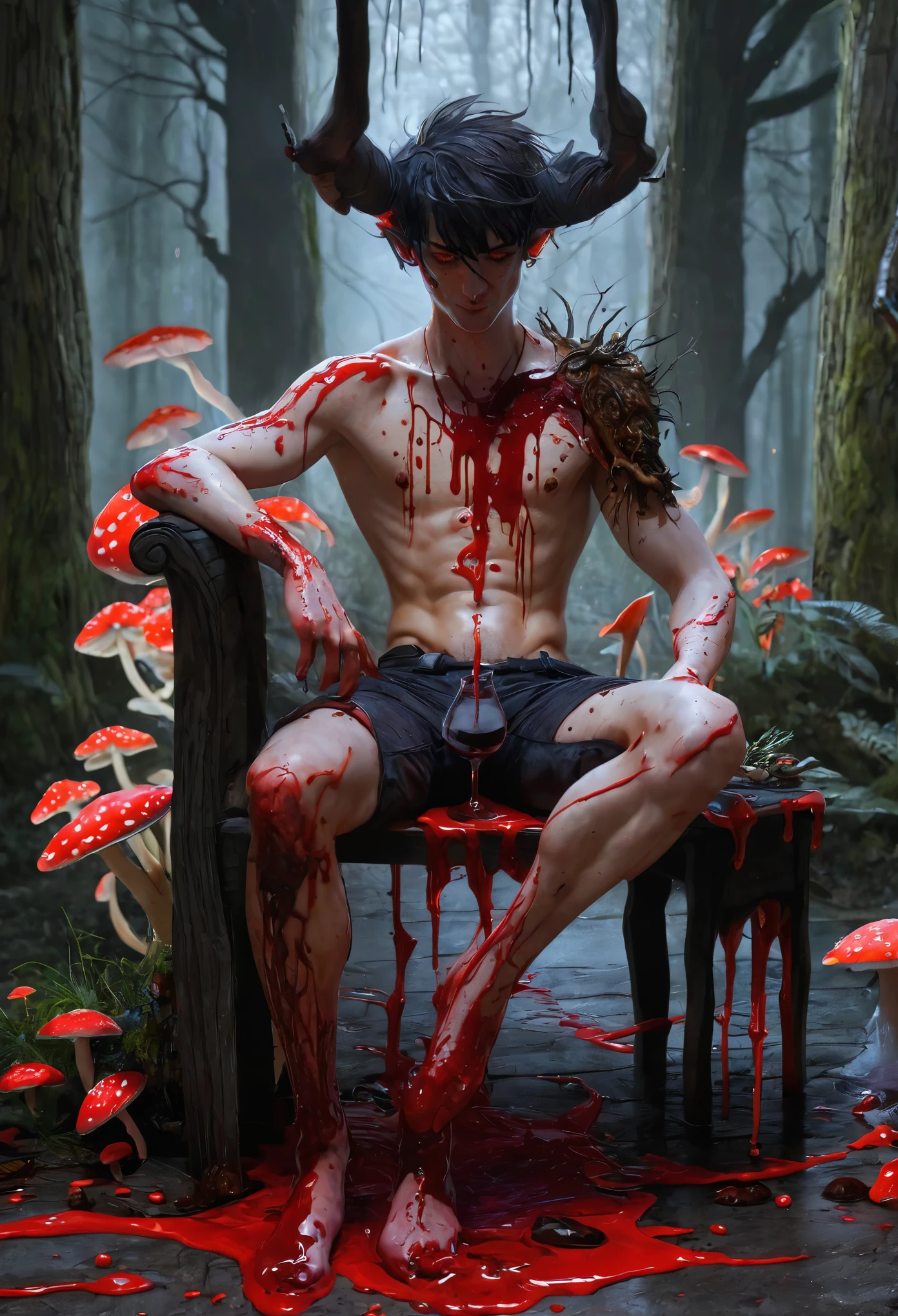 daemon, infected with mushrooms, cutting your skin, drinks alcohol, flowing down his body and mixing with the blood on the floor.