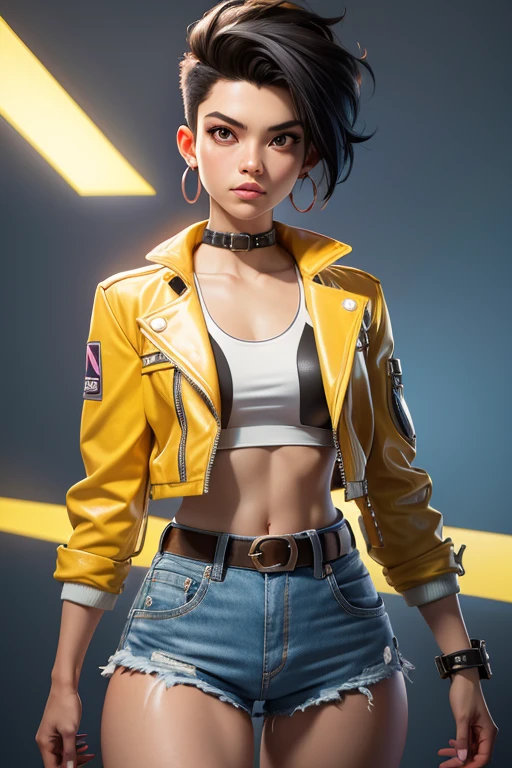 jubi lee x-men, yellow jacket, yellow leather jacket, punk black hair (very short on the sides), open long yellow leather jacket!, big light brown eyes, small breasts, pink earrings, belt, cotton pink tank top, light blue low-waist denim shorts, covered navel, cropped legs, cotton, front view!, white background, realistic colors, front view, light coming from the right, 8K image quality, Masterpiece