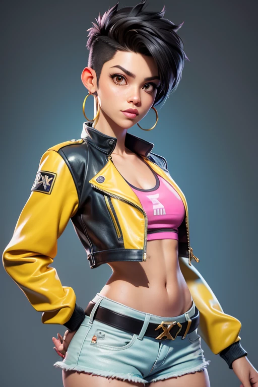 jubi lee x-men, yellow jacket, yellow leather jacket, punk black hair (very short on the sides), open long yellow leather jacket!, big light brown eyes, small breasts, pink earrings, belt, cotton pink tank top, light blue low-waist denim shorts, covered navel, cropped legs, cotton, front view!, white background, realistic colors, front view, light coming from the right, 8K image quality, Masterpiece