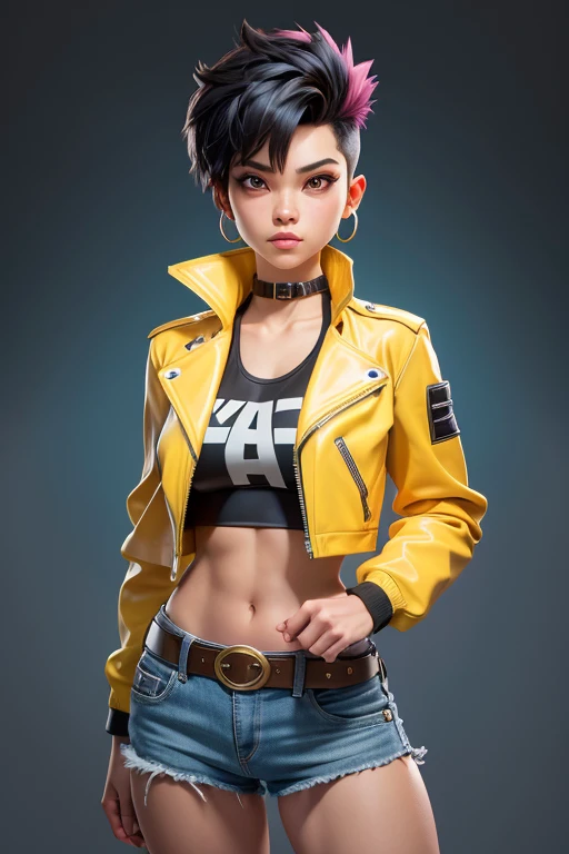 jubi lee x-men,  yellow jacket, yellow leather jacket,  punk black hair (very short on the sides), open long yellow leather jacket!, big light brown eyes, small breasts, pink earrings, belt, cotton pink tank top, light blue low-waist denim shorts, covered navel, cropped legs, cotton, front view!, white background, realistic colors, front view, light coming from the right, 8K image quality, Masterpiece