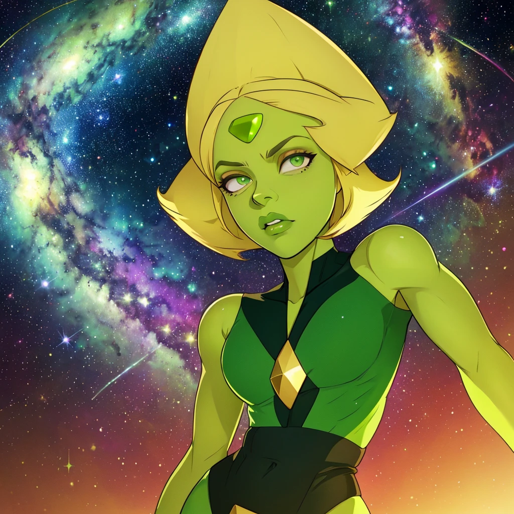 Peridot,green skin,forehead jewel, green eyes,blonde hair,
leotard, yellow shades, 
serious,  
 solo, upper body,    cowboy shot,  standing, 
stars, space,  milky way,
 (insanely detailed, beautiful detailed face,masterpiece, best quality)