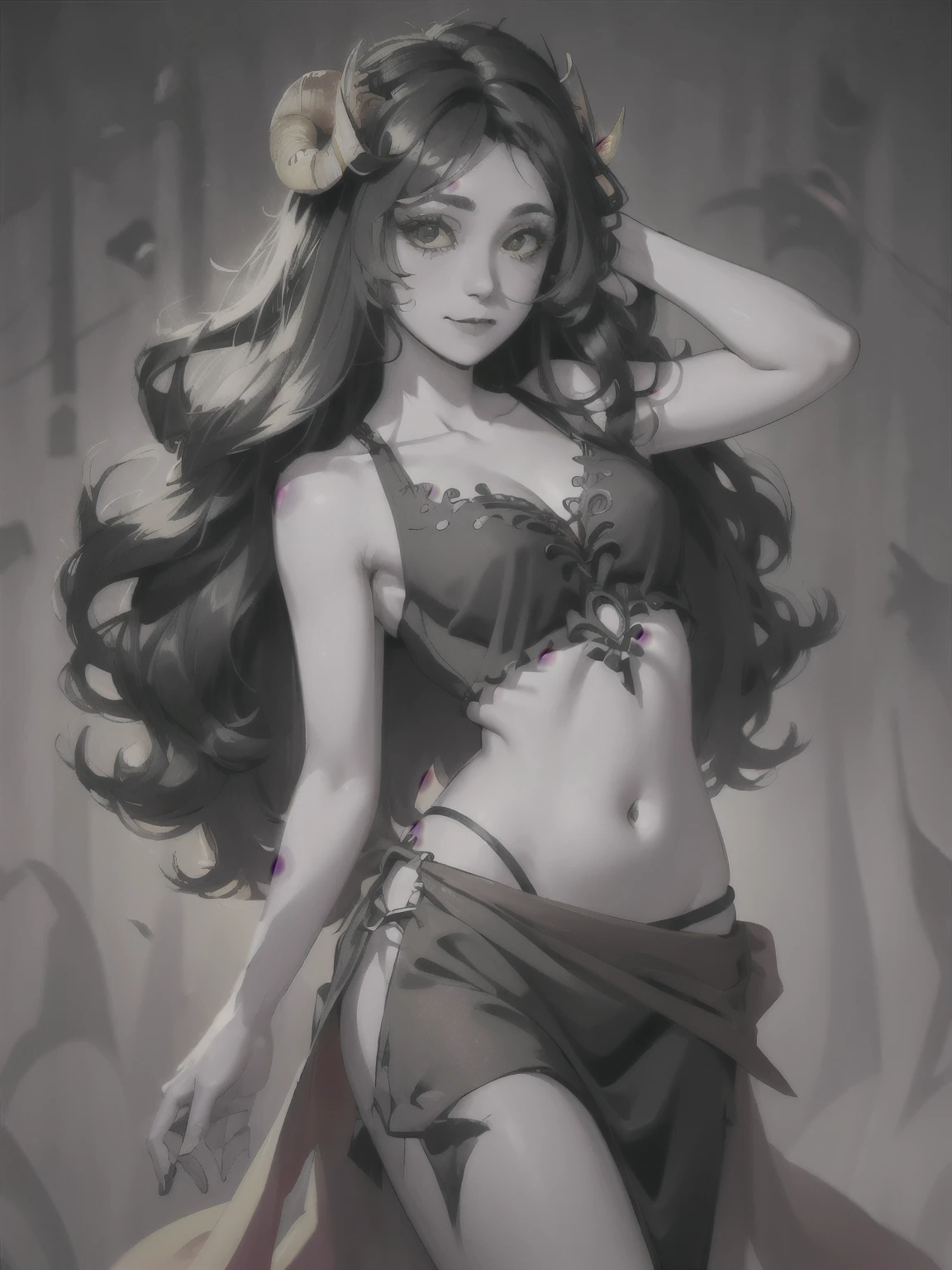 close-up portrait, aradia,  (horns), gray skin, very long hair, [[simple background]], large breasts, bellydancer, (midriff), collarbone, cleavage, (abs:0.7), sleeveless, choli, wide hips, thigh, jewelry, (black lipstick), eyeliner, mature, (black eyes), (yellow sclera), goth, looking at viewer, dancing