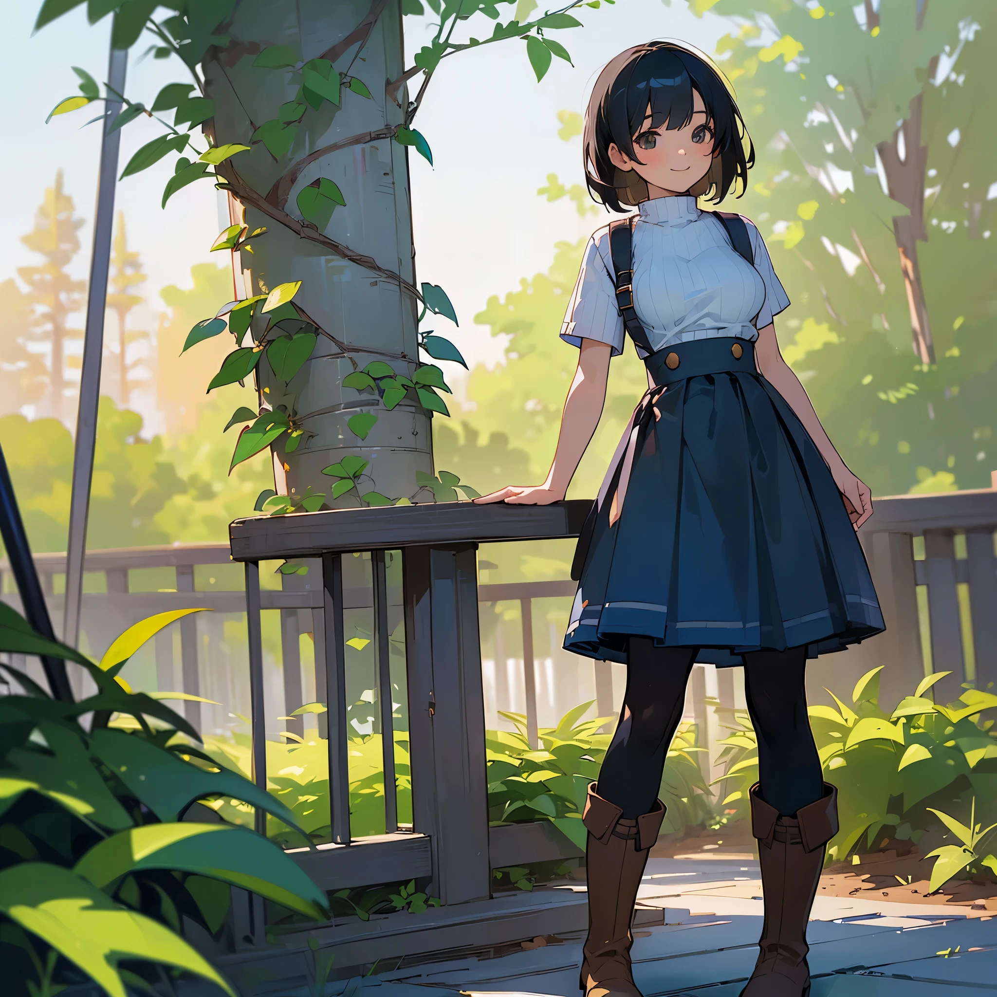 (high quality, High resolution, Very detailed, reality:1.37), Peaceful atmosphere, (Outdoor, garden), teenage girl standing alone, (my breasts are big.), Beautiful detail features, Cute Smile, (Black bob hair), Short sleeve ribbed sweater, Blue Skirt, black tights, Brown boots.