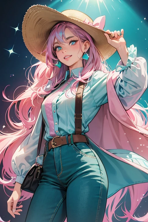 She is a light blue with pink dimples, pink lips, and three teeth. She has a brown cowboy's hat, teal hair, and black pupils. She has a yellow-green shirt, a brown buckle, brown shoes, and blue pants. SPARKLE; GLITTER